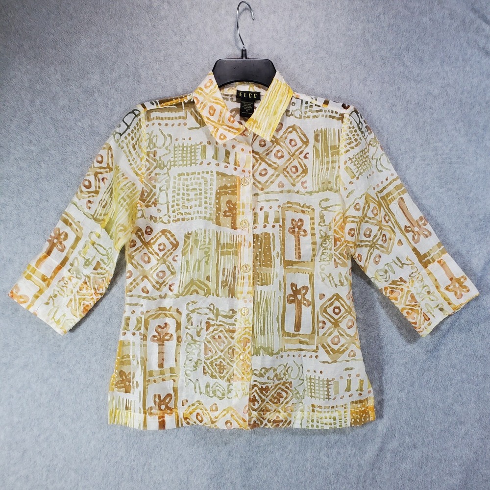 ELCC Top Womens Sz PP Orange White Boho Button Up Lightweight‎ Sheer Beachy